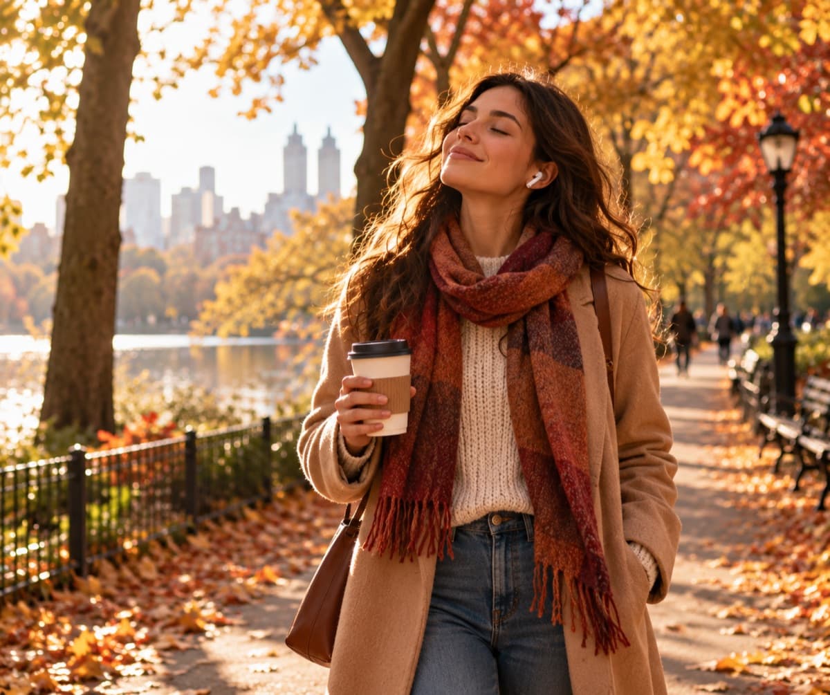 Woman listening to a free audiobook on earbuds while walking through an autumn park with coffee